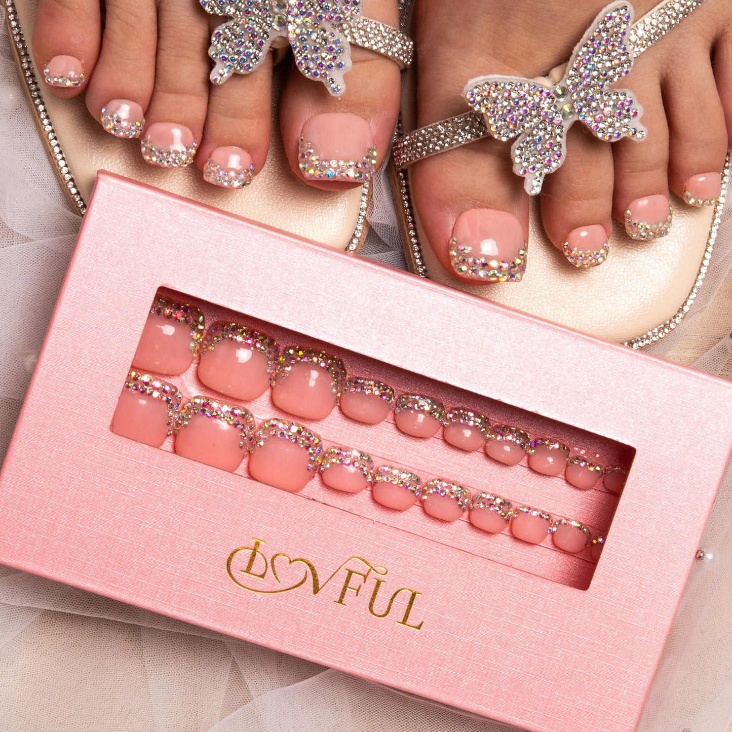 LOVFUL Handmade Acrylic Press on Toenails Nude French Tip Rhinestone | Salon Quality 20 PCS Free Size Toe Nails | Reusable Fake Nails for Toe | T48