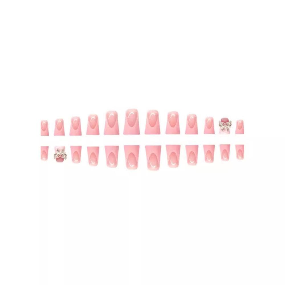 48Pcs Pink French Tips Press on Toenails Short Duck Press on Nails with Rhinestones Butterfly Charm Design Glossy Glitter Fake Toenails Full Cover Nails Summer False Nails for Women Girls Manicure