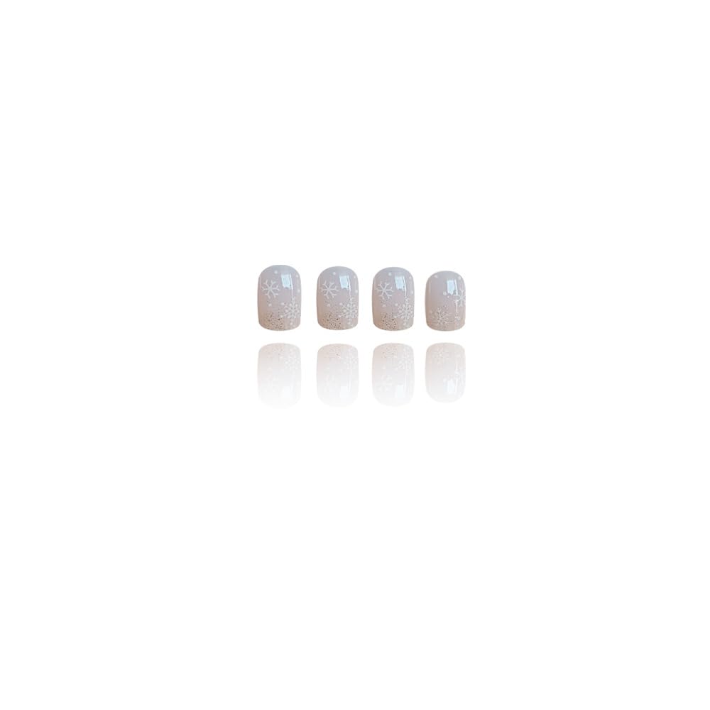 Christmas Short Press on Nails Matte Square Fake Nails with Gold Glitter Designs Black Snowflake False Nails Christmas Snowflake Artificial Acrylic Nails Christmas Stick on Nail for Women Girls 24Pcs