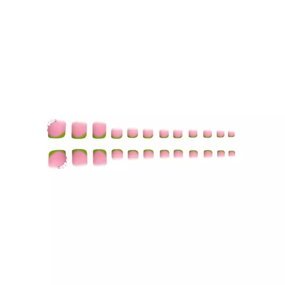 48Pcs Flower Press on Nails Rhinestone French Tips Press on Toenails Long Square Fake Nails with Green Glitter Design White Pink Floral Fake Toes Glossy Summer False Nails for Women Girls DIY Manicure
