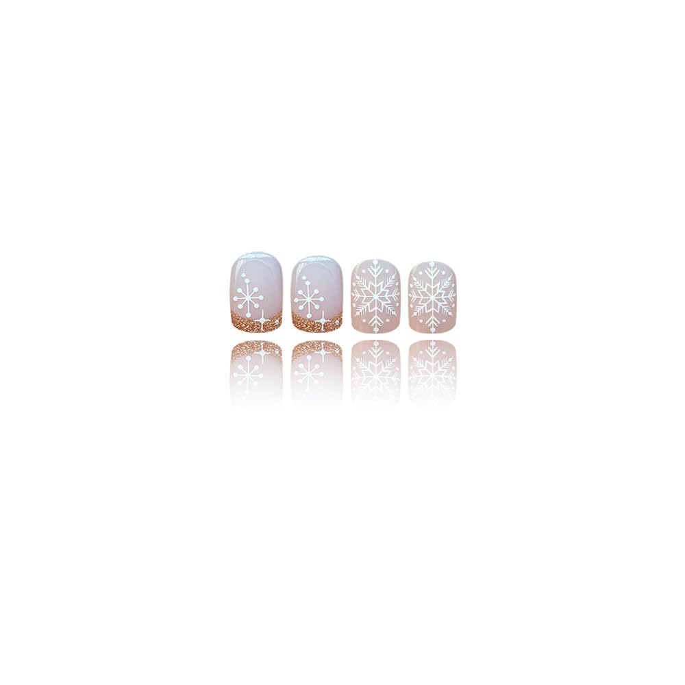 Gold French Tip Christmas Nails Short Square Fake Nails Christmas Snowflake Press on Nails with Glitter Xmas Full Cover Glue on Nail Winter False Nails for Women Holiday Manicure Kit 24Pcs