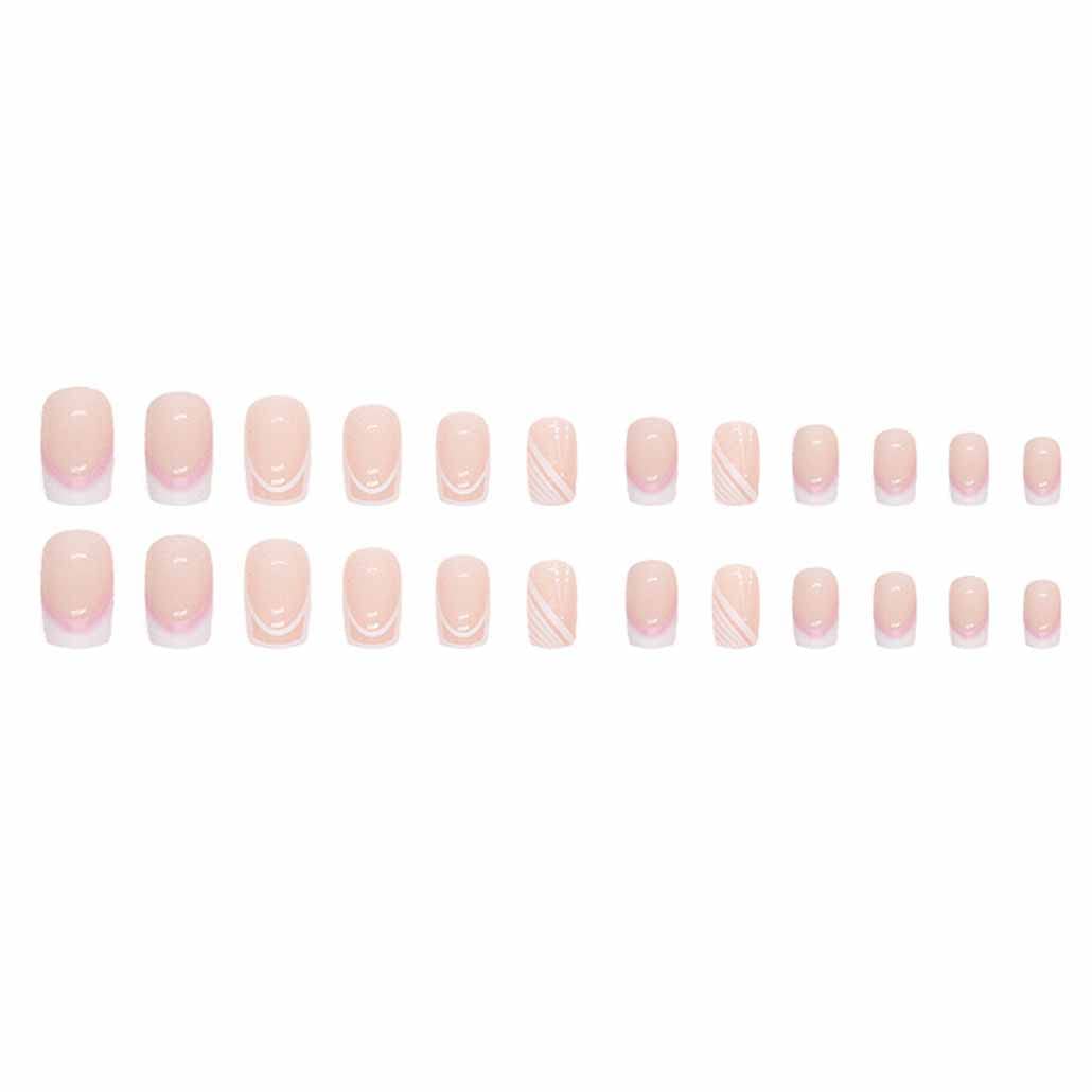 Foccna Pink French Press on Nails Medium, White Fake Nails Square Acrylic False Pink Nails,French Artificial Nails for Women and Girls,24 pcs