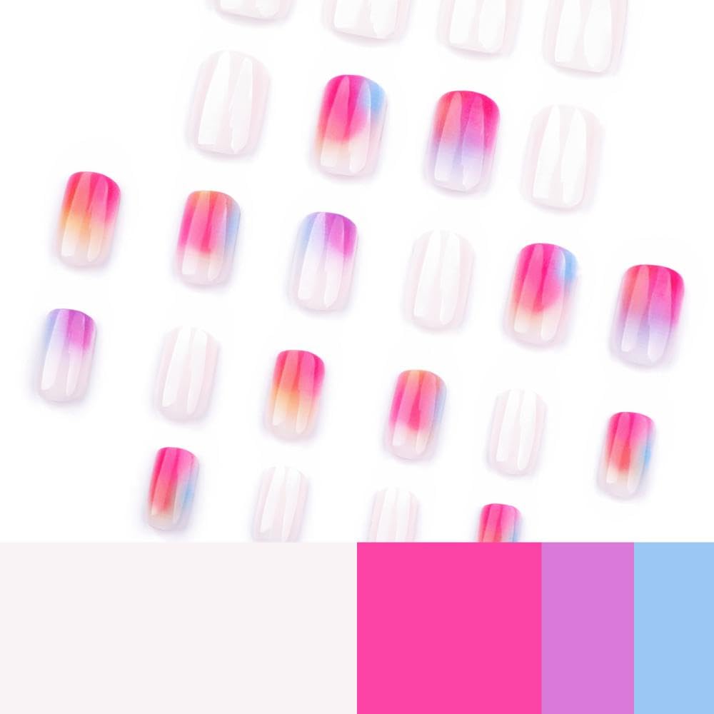 Ombre Pink Purple Press on Nails Short Square Fake Nails with Designs Gradient Orange False Nails Glossy White Stick on Nail Reusable Rainbow Summer Glue on Nail for Women Girls Manicure 24Pcs