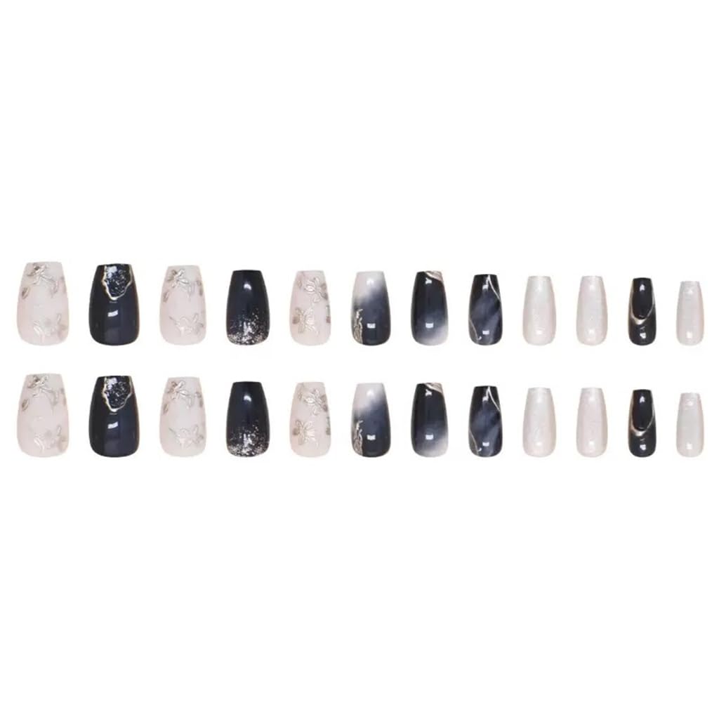 Medium Press on Nails Coffin - Silver Flower Fake Nails with Embossed Design - Blue Ombre Full Cover Stick on False Nails - for Women 24 Pcs