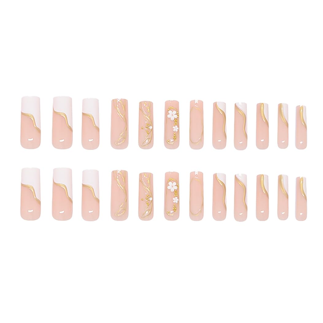 RikView Coffin Press on Nails Long Fake Nails with 3D Flowers Design Golden Nails Glossy Full Cover Nails for Women 24 PCs/Set