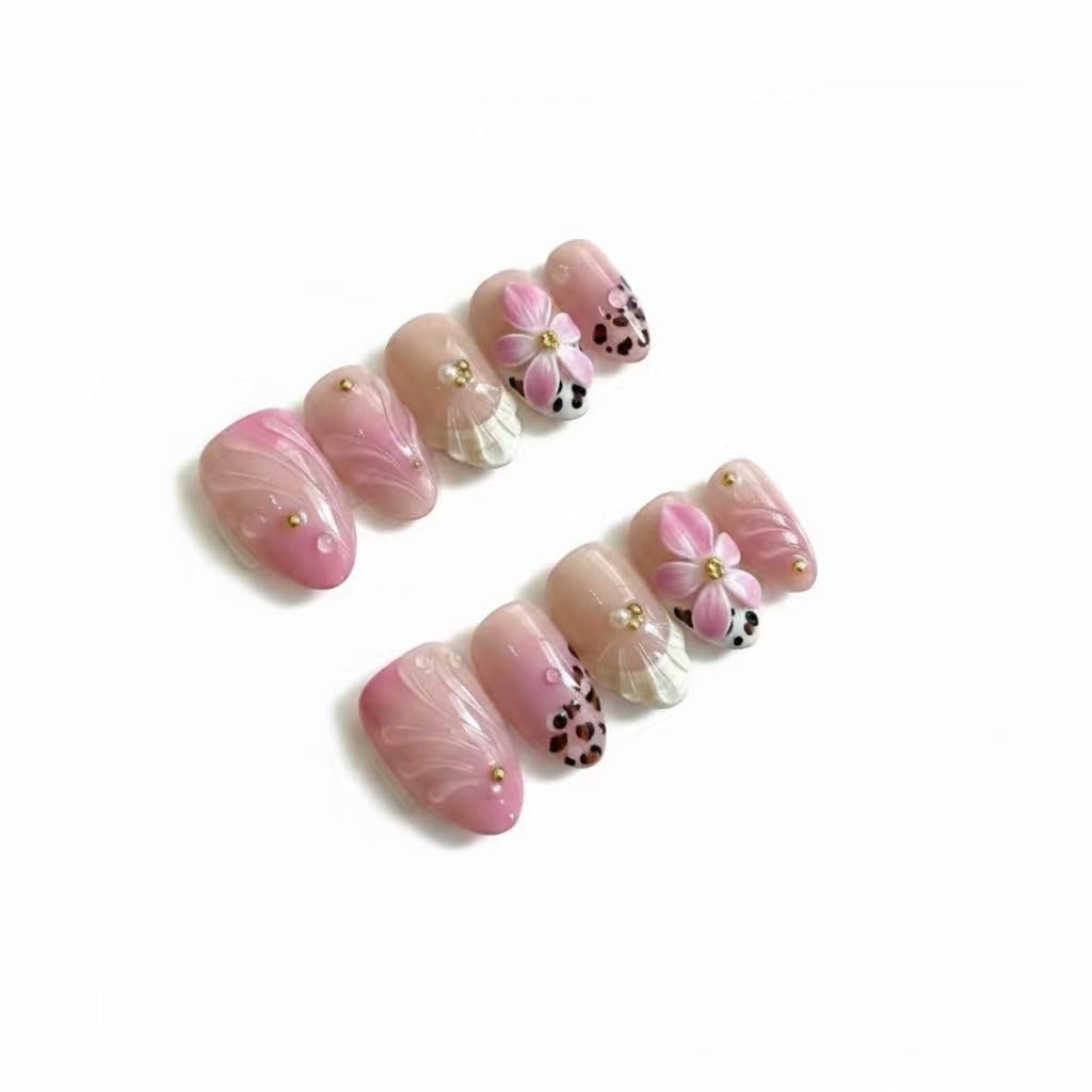 MikaJayboo Handmade Short Press on Nails Almond Shape Pink Gradient Fake Nails with 3D Flower Leopard Print & Gold Foil for Women Glue on Nails for Daily Party Manicure 10Pcs (Size L)