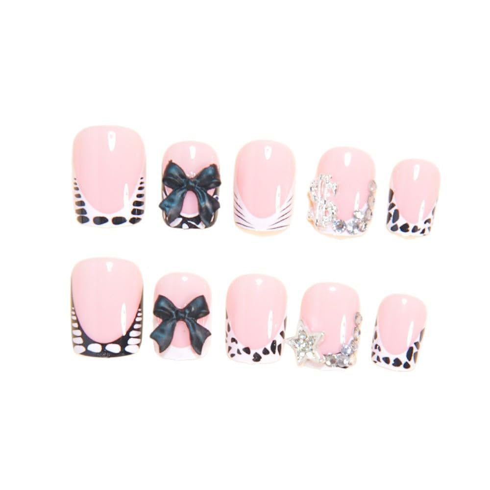 CTTHNBD Short Press on Nails - Square Fake Nails with Bow Star Charms Design - French Tip False Nails Stick on - for Women 24 Pcs