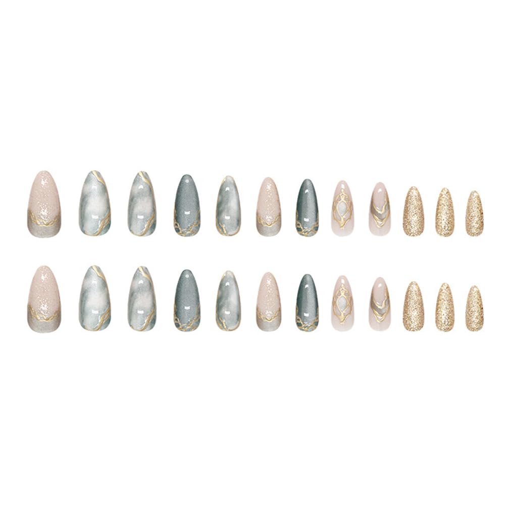 24 Pcs Cat's Eye Press on Nails Short Almond,MINGCHUN Fall Fake Nails Press ons Acrylic Nail Art Tips Kit Full Cover False Nails Glue on Nails with 3D Gilded Marble Texture Glitter Design for Women