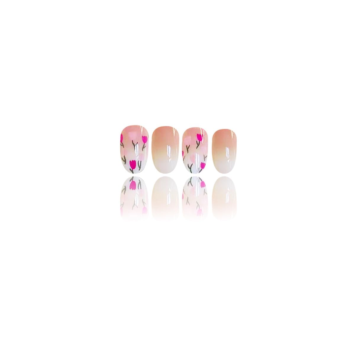 Spring Flower Press on False Nails Nude Ombre Fake Nails Short Oval Glue on Nails with Cute Flower Designs Glossy Press ons Stick on Nail for Women Manicure 24Pcs