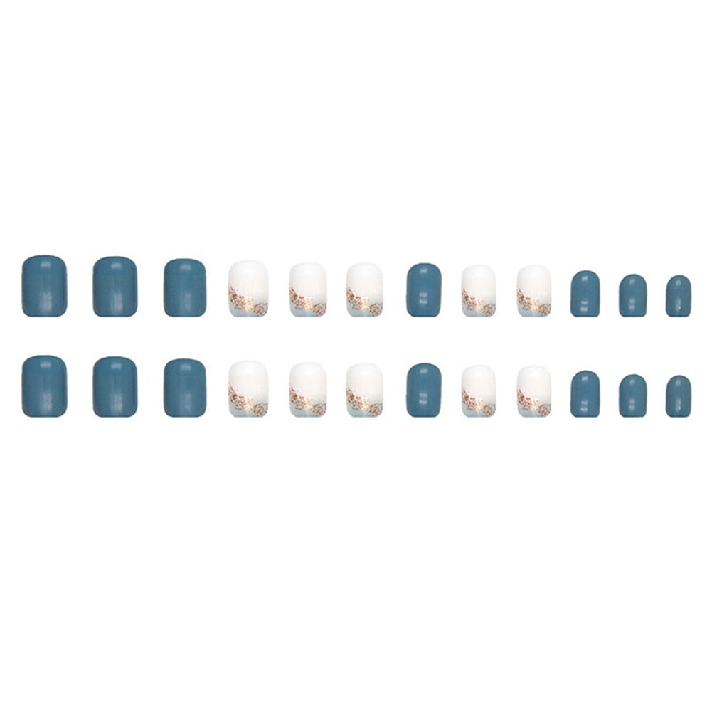 Press On Nails - Short, Glossy Blue False Nails with Glitter Designs, 24Pcs