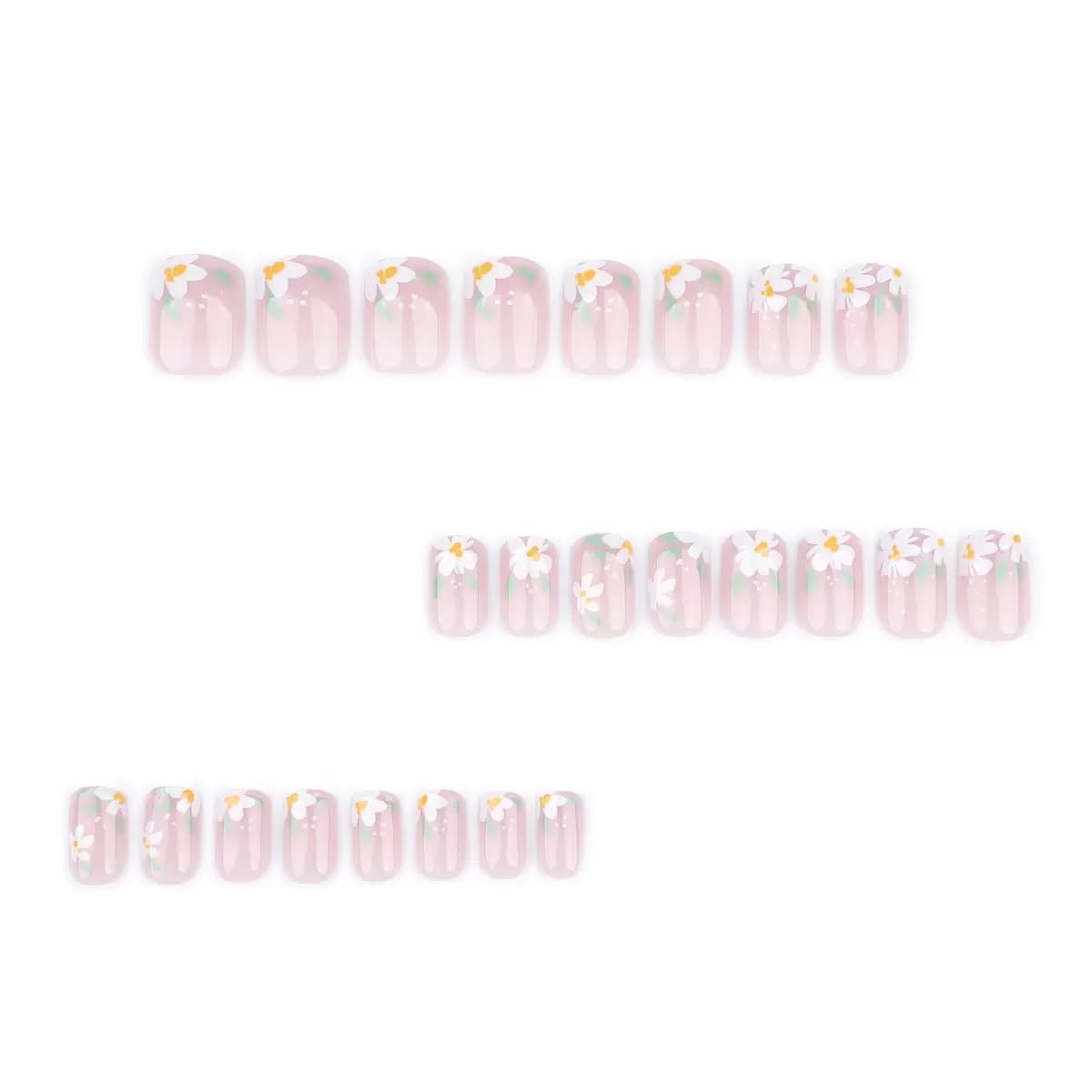 Short Press on Nails Square - Cute Fake Nails with Flower Leaf Design - Spring Full Cover Stick on False Nails for Women - 24 Pcs