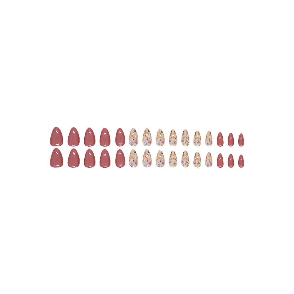 Hiynef 24Pcs Short Almond Press On Nails for Women – Glossy Acrylic Fake Nails with Floral Design, Reusable Full Cover Stick On Nails for Women & Girls