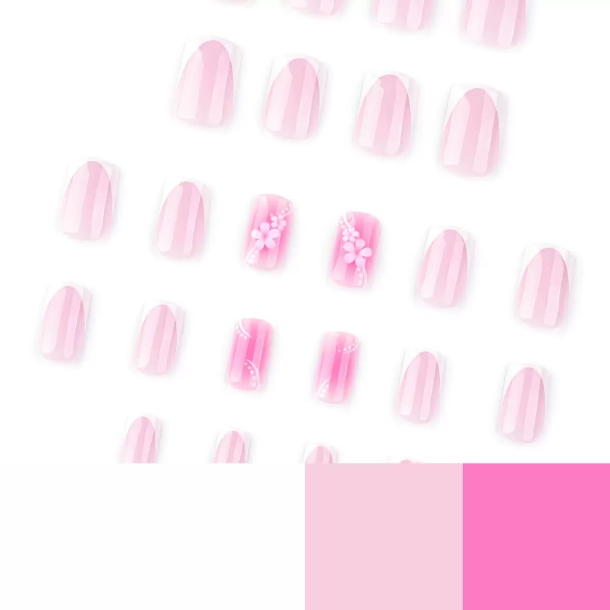 CTTHNBD Press on Nails Square - Short Fake Nails with Floral Chrams Design - White French Tip False Nails Press ons - for Women 24 Pcs