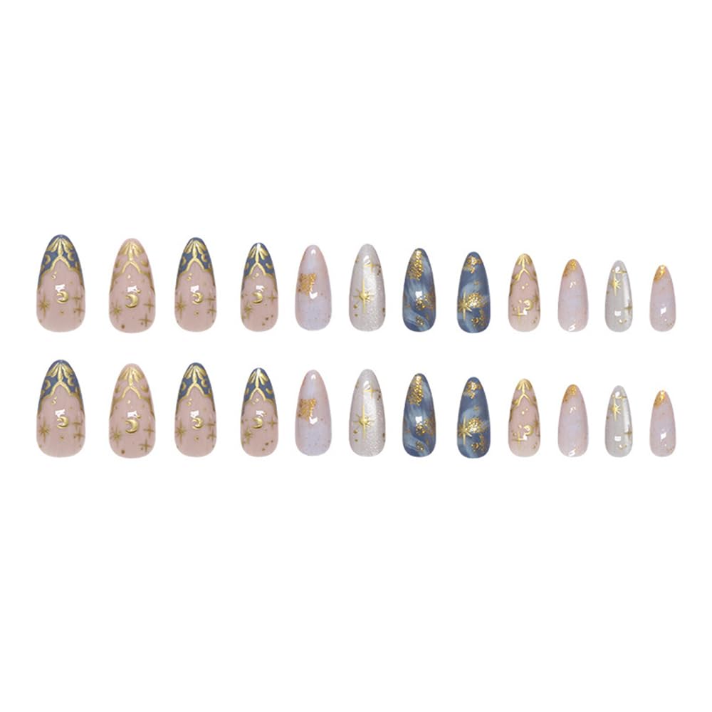 24 Pcs Press on Nails Short Almond,MINGCHUN Fake Nails Press ons Acrylic Nail Art Tips Kit Full Cover False Nails Glue on Nails with Summer Starry Sky Gold Foil Glitter Design for Women Nail Supplies