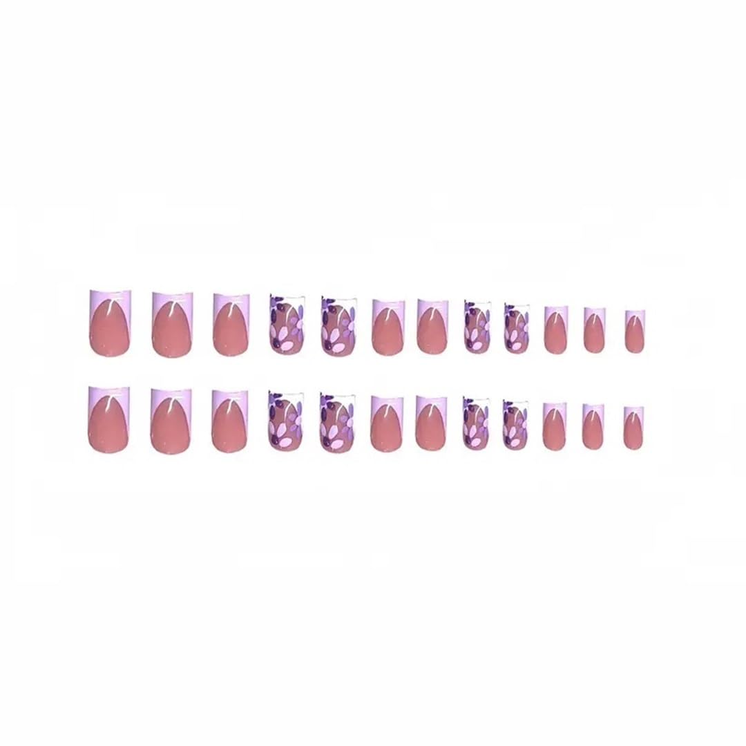 CTTHNBD Short Press on Nails & Square Press on Toenails Set, Purple French Tip Fake Nails with Flower Design - for Women 48 Pcs