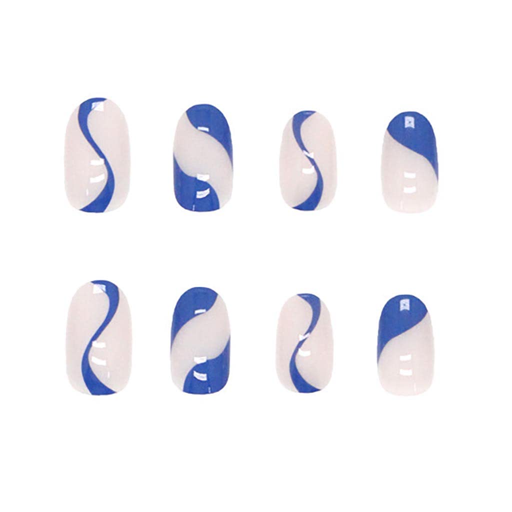 RikView French Tip Press on Nails Short Fake Nails Oval Blue Nails for Women with Swirls Design
