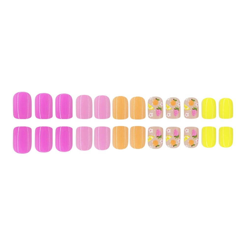 Pink Press on Nails Short Square Fake Nails with Flower Fruits Design Glossy Yellow Glue on Nails Orange Nails Press ons Reusable Full Cover Spring Summer Acrylic Nails for Women Manicure 24Pcs