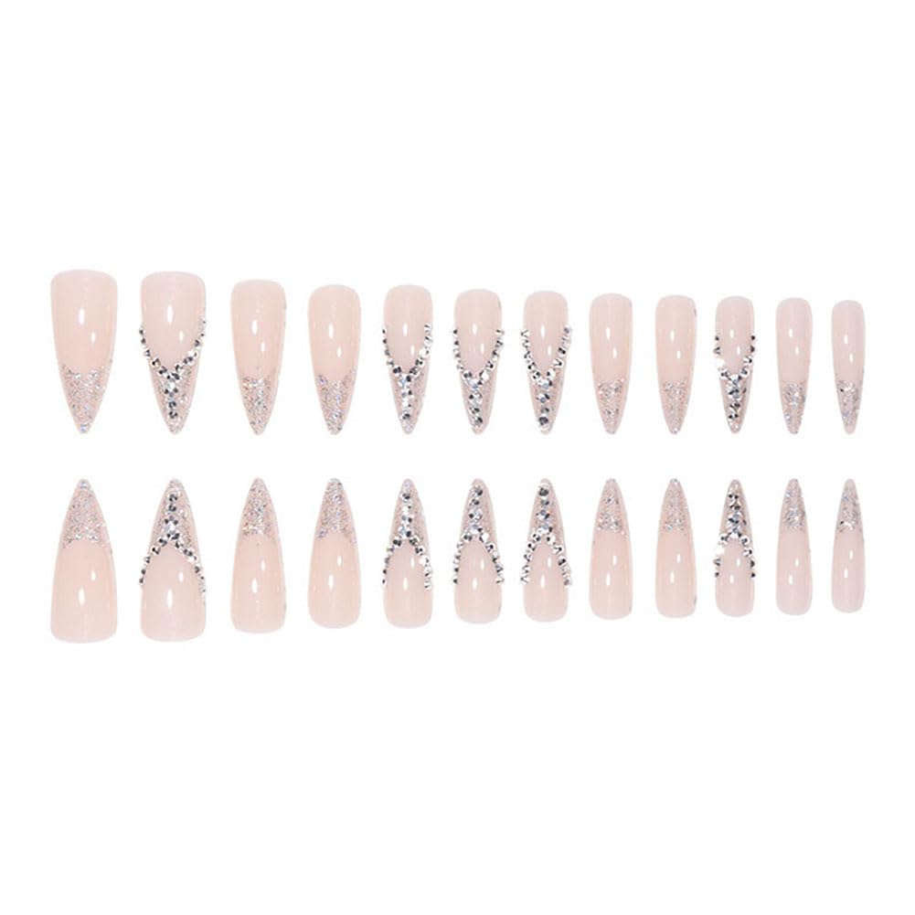 24pcs Fake Nails Glossy Pure Color Nude Rhinestones Glitter Luxury Long Stiletto Almond Press on Nail False Tips Artificial Finger Manicure for Women and Girls Acrylic False Nails Full Cover Nails