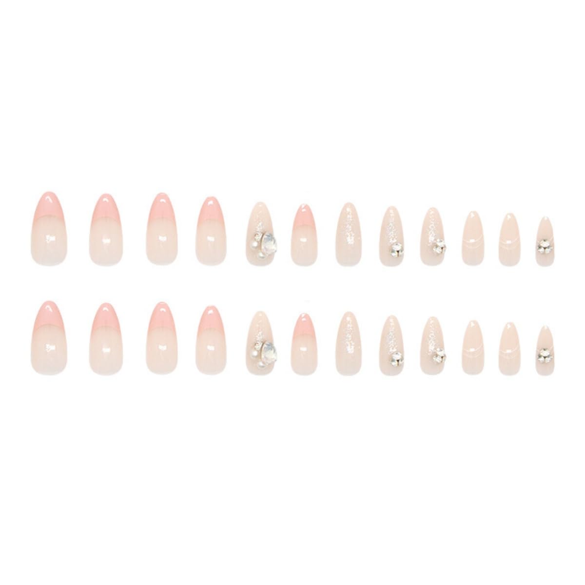 Nude Press on Nails Medium Almond Fake Nails with Glue White Pearl Design Glitter Glossy Acrylic Nails Design Gems Charms Fake Nails for Women DIY Manicure Decoration 24PCS