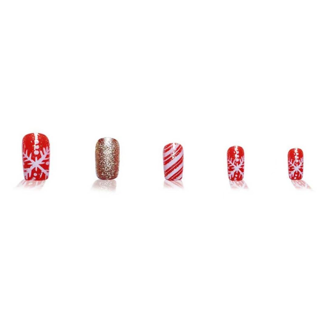 24Pcs Christmas Red Press on Nails Snowflake Fake Nails with Gold Glitter Designs Red White Stripe False Nails Xmas Full Cover Glue on Nail Winter Artificial Acrylic Nail for Women Nails Art Kit