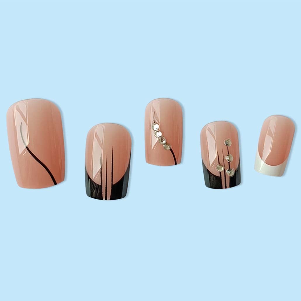 Foccna Square Press on Nails Rhinestone Black Fake Nails Tips Women's French False Nails White Medium Glossy Daily Wear Artificail Nails for Nail Art Manicure Decoration 24pcs