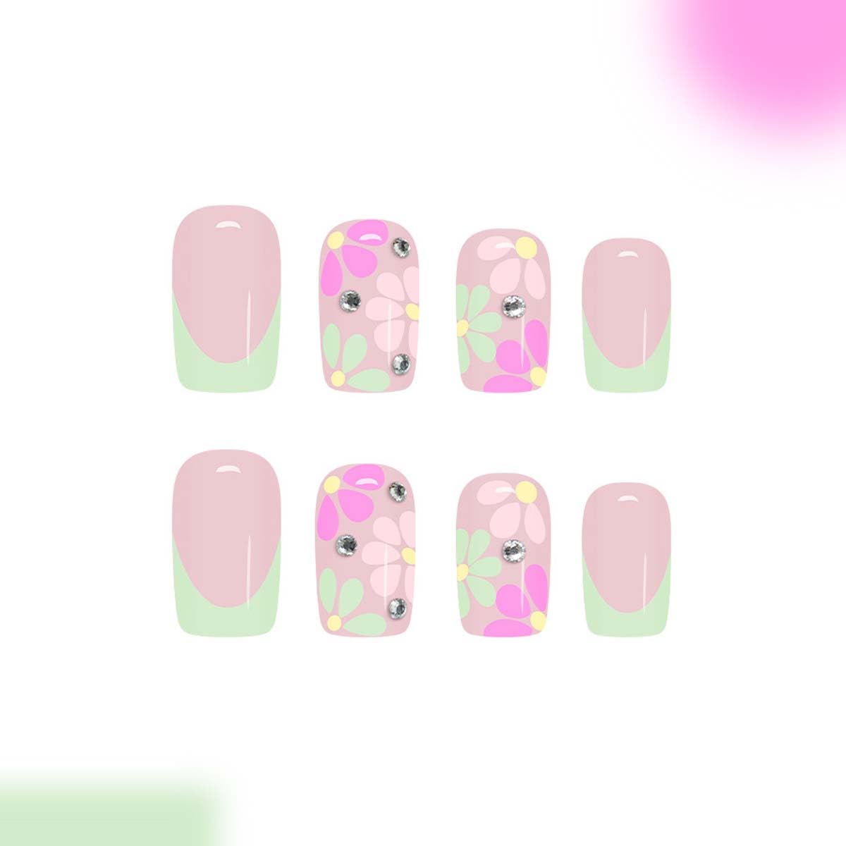 LINMEIZAI Press on Nails Short Square, Pastel Green French Tip Fake Nails Press ons with Pink Petal Designs, Cute Glossy Stick on Nails, Nail Art False Nails, Acrylic Nail Kit for Women Girls, 24 Pcs