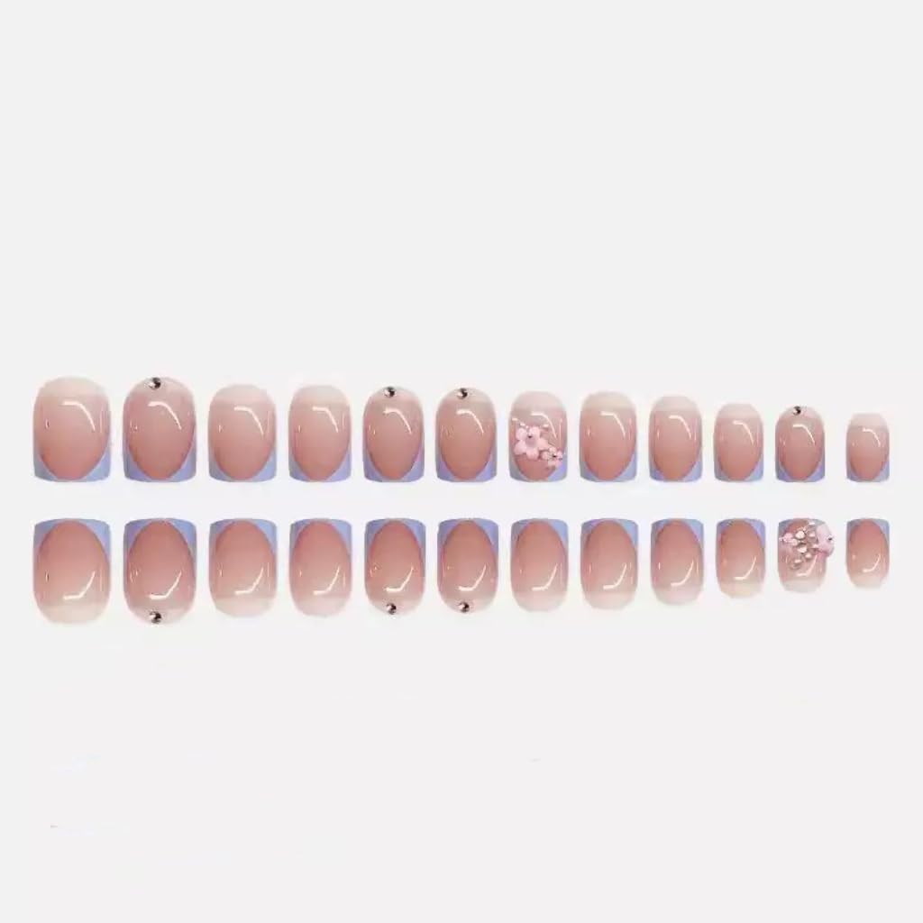 CTTHNBD Short Press on Nails & Square Press on Toenails Set, Blue French Tip Fake Nails with Flower Design - for Women 48 Pcs