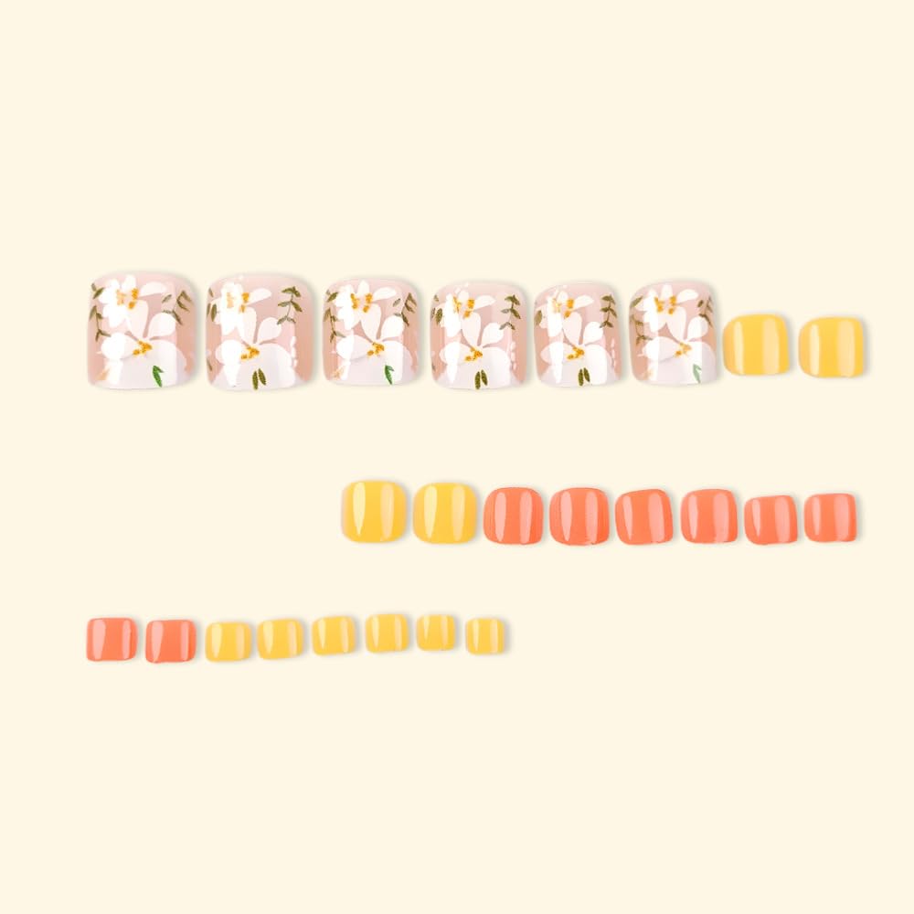 Yellow Press on Toenails Short Square Fake Toe Nails with Flower Green Leaf Design Glossy Orange Glue on Toenails Cute Summer False Toenails Spring Stick on Toenails for Women Girls Manicure 24Pcs