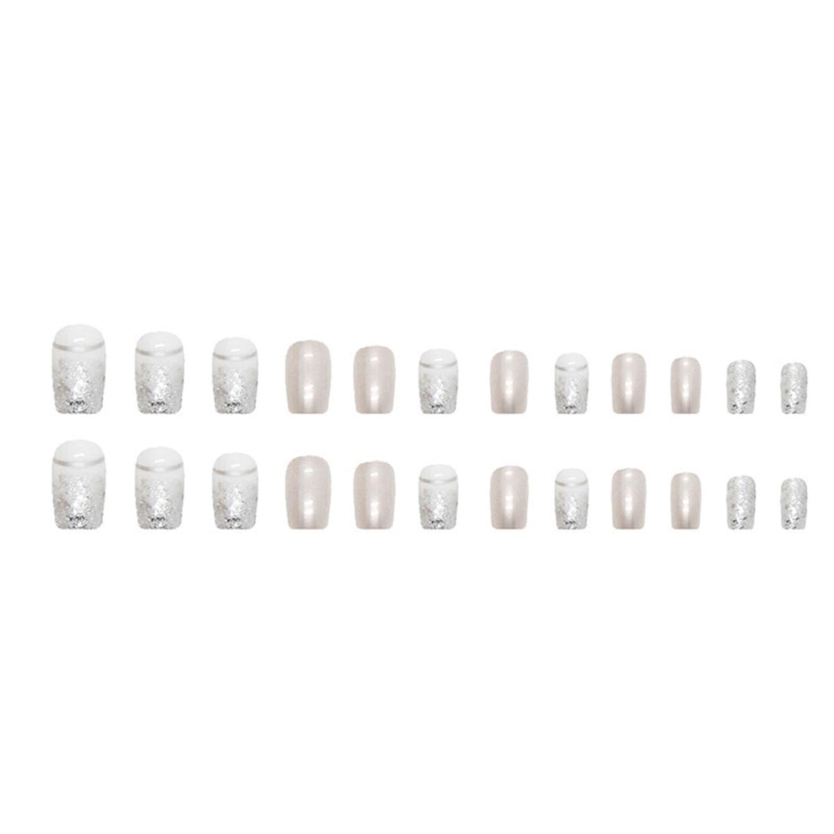 Silver Press On Nails - Square Medium Glitter Chrome False Nails with Designs, Full Cover Glossy Acrylic Glue on Nails, 24Pcs