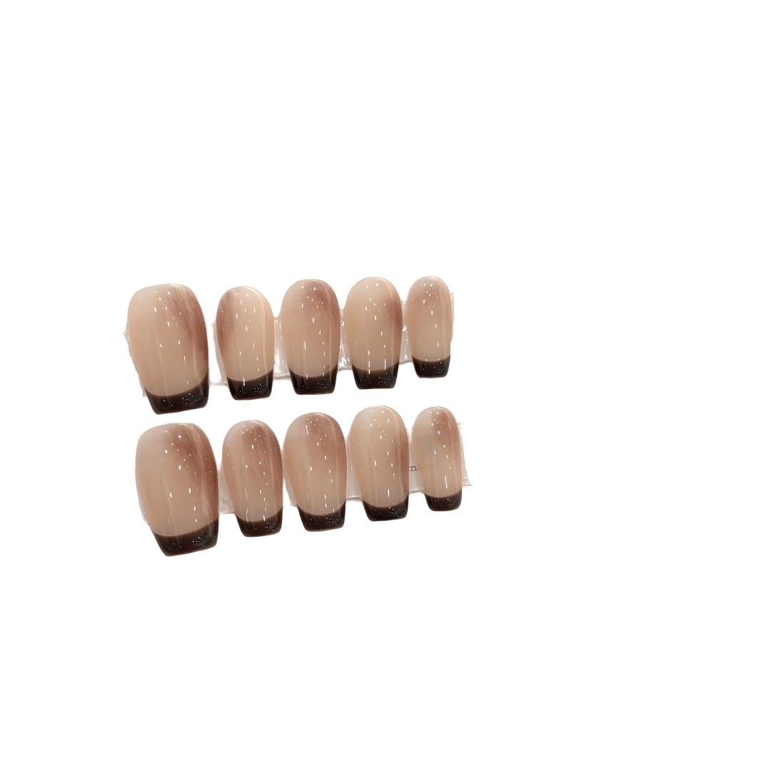 Mocha Gradient French Tip Press On Nails, Medium Almond Shape, Reusable Manicure Set，Gradient Nude Fake Nails for Office Wear (M)