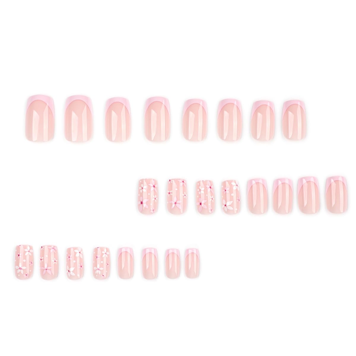 Pink Press on Nails Medium Square Fake Nails French Tip False Nails Press ons with Flower Print Design Glossy Reusable Nail Full Cover Acrylic Stick on Nails for Women Manicure 24Pcs