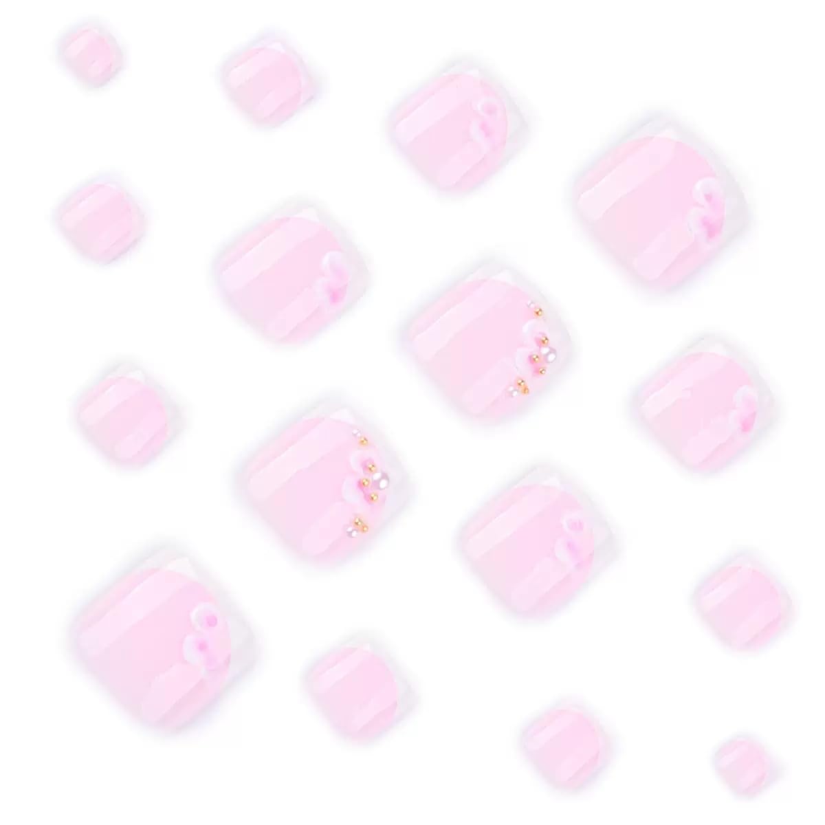 CTTHNBD Press on Toenails - Pink Fake Toenails with Flower Design - White French Tip Press on Toe Nails - for Women 24 Pcs