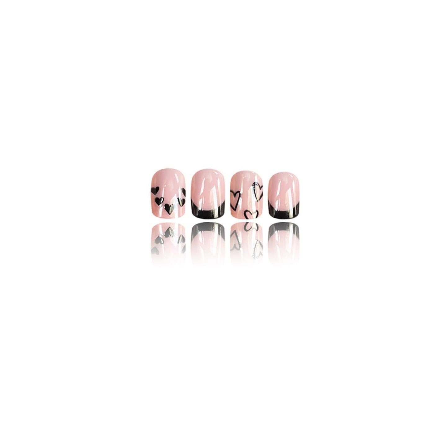 24Pcs Valentines Press on Nails Short Square Black French Tip Fake Nails Black Love Designs False Nails Nude Pink Glossy Full Cover Cute Heart Artificial Glue on Nails for Women Holiday Manicure Decor