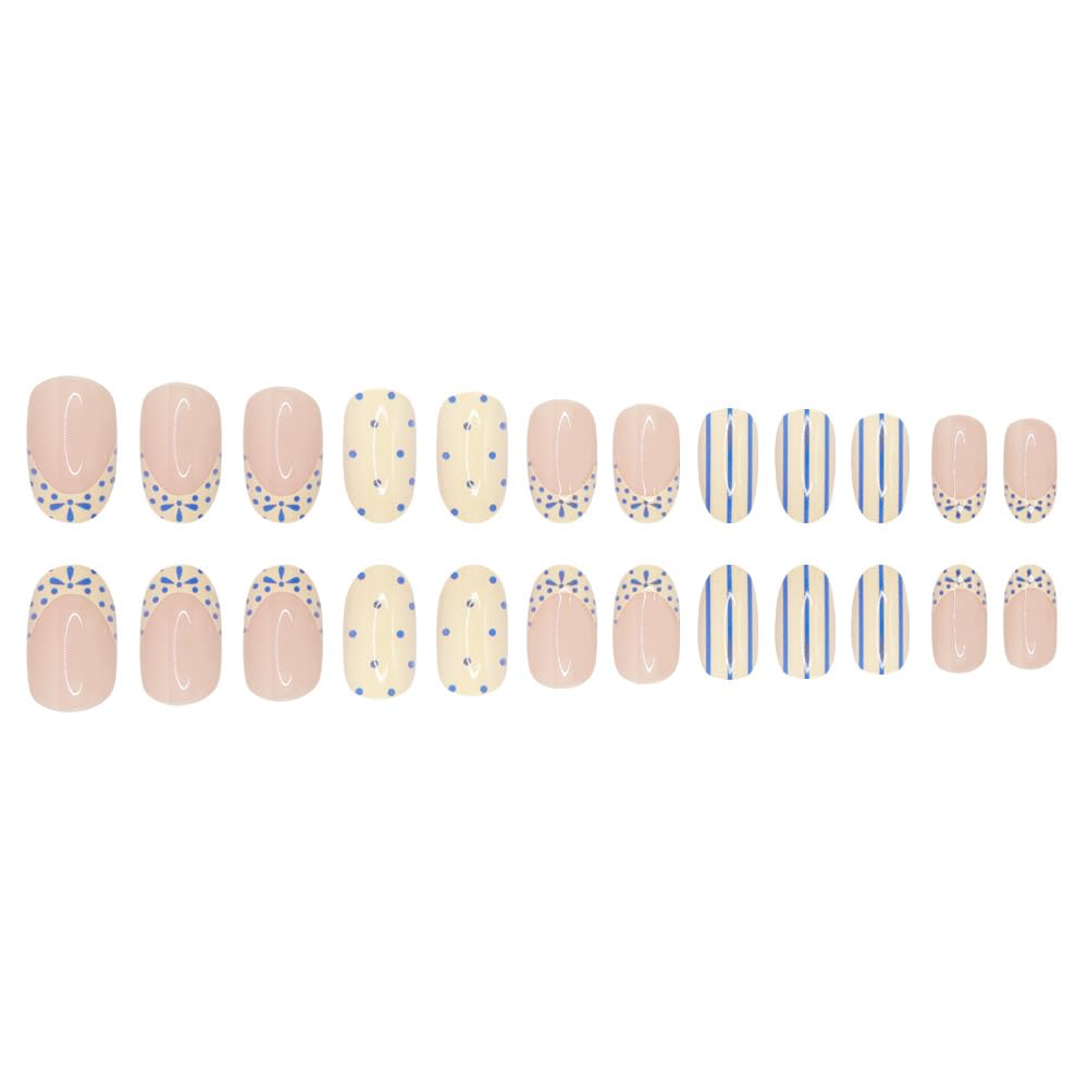 AWDSLUY 24Pcs Blue White French Tip Press on Nails Short Almond Fake Nails with Polka Dot Stripe Design Nude Glossy False Nails Elegant Full Cover Stick on Nails Tips for Women Summer Manicure