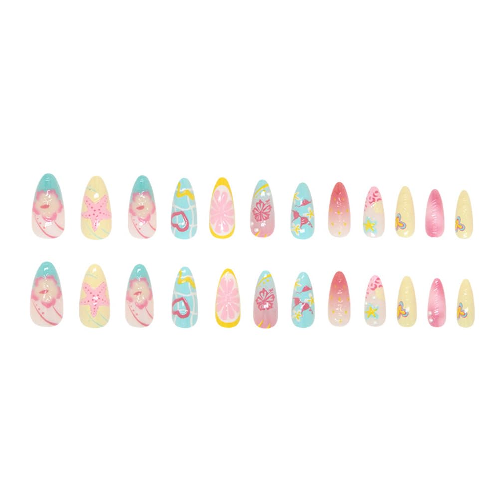 24 Pcs Summer Press on Nails Short Almond,MINGCHUN Ombre French Fake Nails Press ons Acrylic Nail Art Tips Kit Full Cover False Nails Glue on Nails with Flowers Pearl Design for Women Nail Supplies