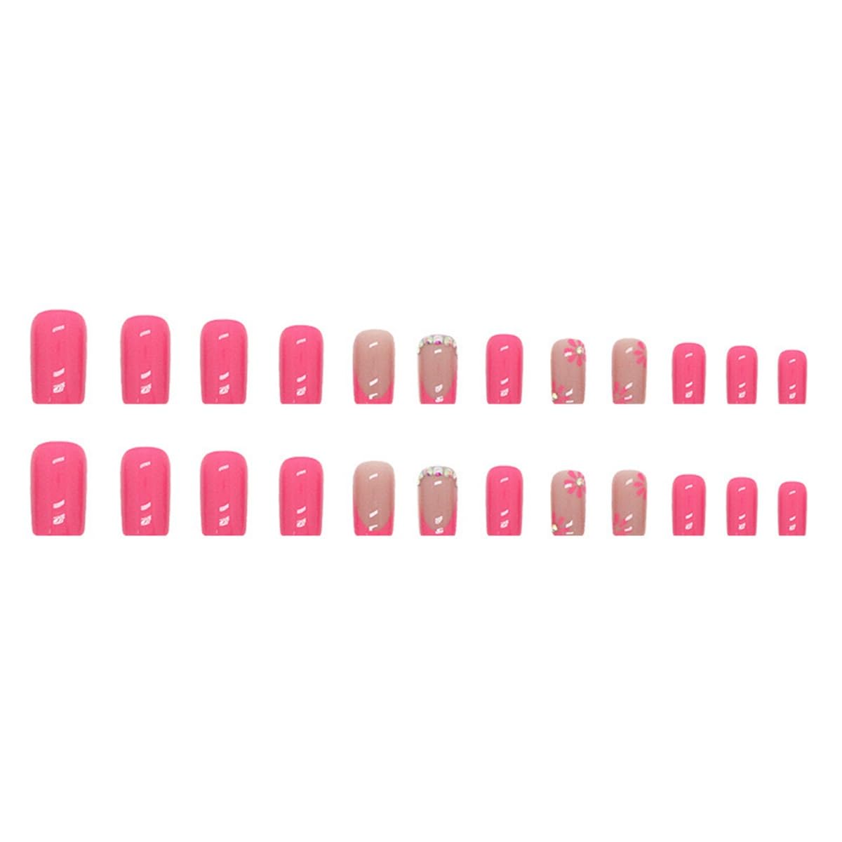 CTTHNBD Press on Nails Square - Medium Fake Nails with Flower Deisgn - Hot Pink, French Tip Stick on False Nails for Women - 24 Pcs
