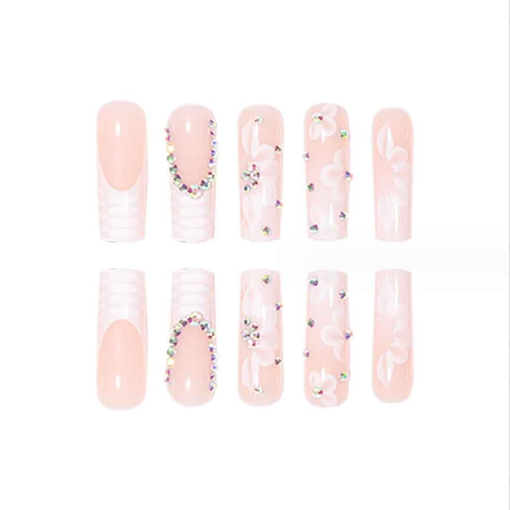 Foccna White Press on Nails Artificail Extra Long, French Square Fake Nails Crystal Flowers Nails Acrylic Full Cover Long Fake Nails with Design Nail Tips for Women&Girls,24PCS