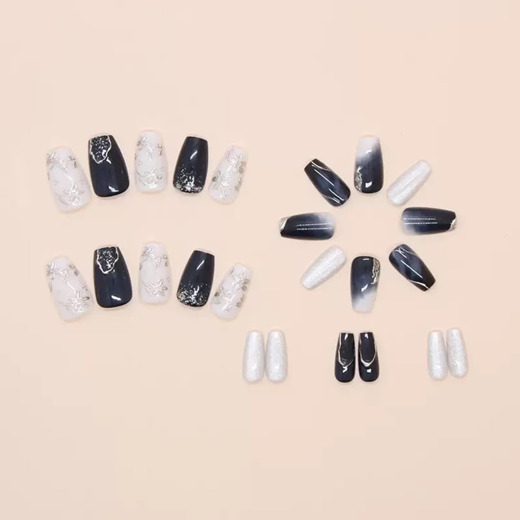 Medium Press on Nails Coffin - Silver Flower Fake Nails with Embossed Design - Blue Ombre Full Cover Stick on False Nails - for Women 24 Pcs
