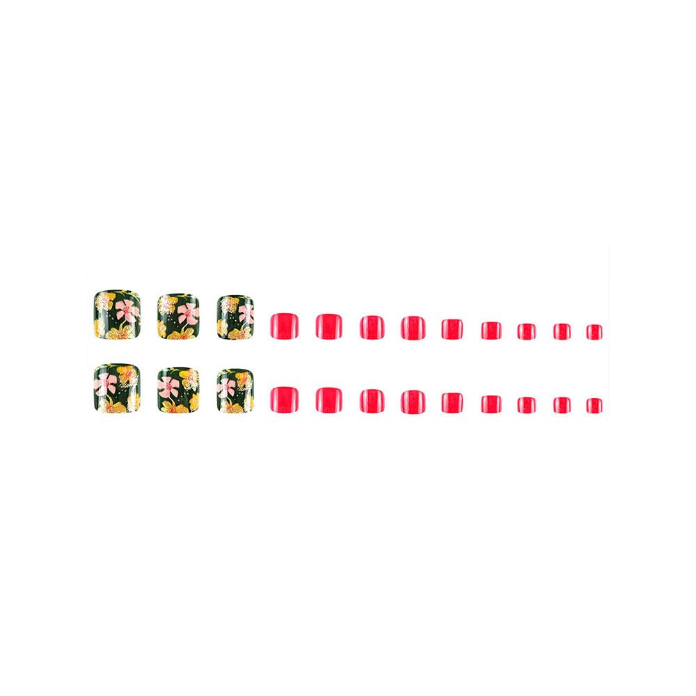 Red Press on Toenails Short Square False Toenails with Gold Flower Design Glossy Red Glue on Toenail Pink Floral Fake Toe Nails Cute Reusable Summer Stick on Toenail for Women Girls Manicure 24Pcs