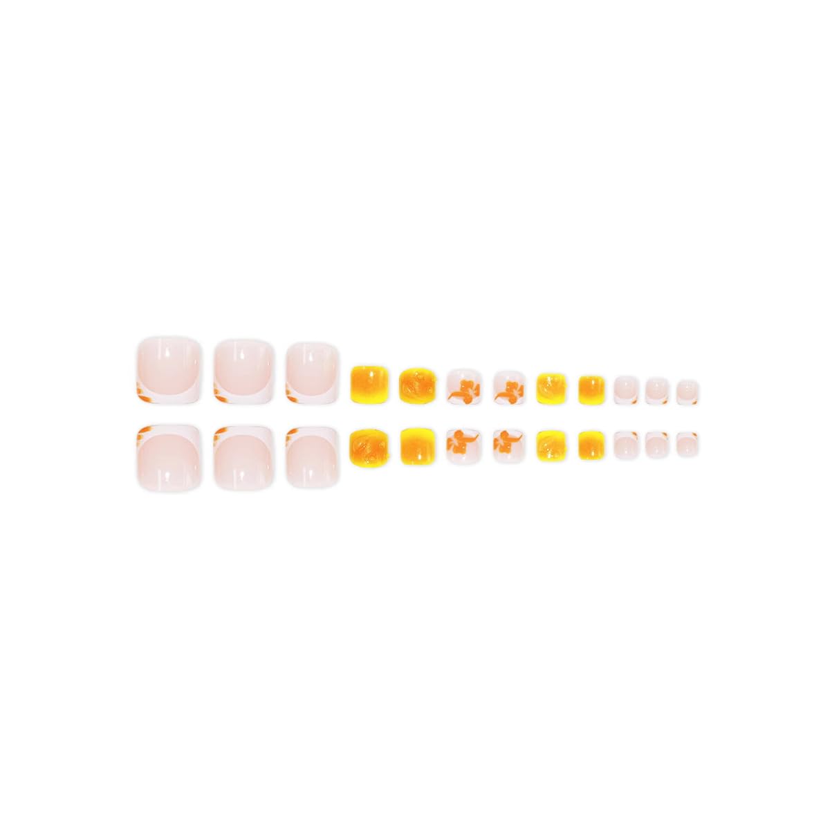 48Pcs Yellow Orange Press on Nails Medium Square Press on Toenails, French Tip Square Fake Nails, Summer Tropical Flower Design False Nails for Women Summer Manicure Kit