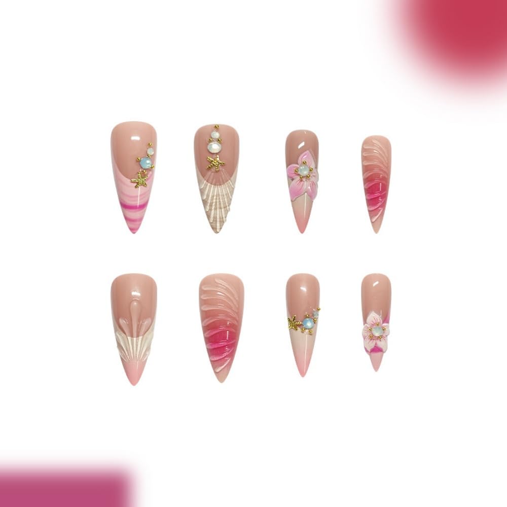 Almond Press on Nails Long Glue on Nail with 5D Rhinestones Flower Design Glossy Waterdrop Shell Acrylic Nails Reusable Ombre French Tips Fake Nails Stiletto Gold Star Nail for Women Manicure 24Pcs