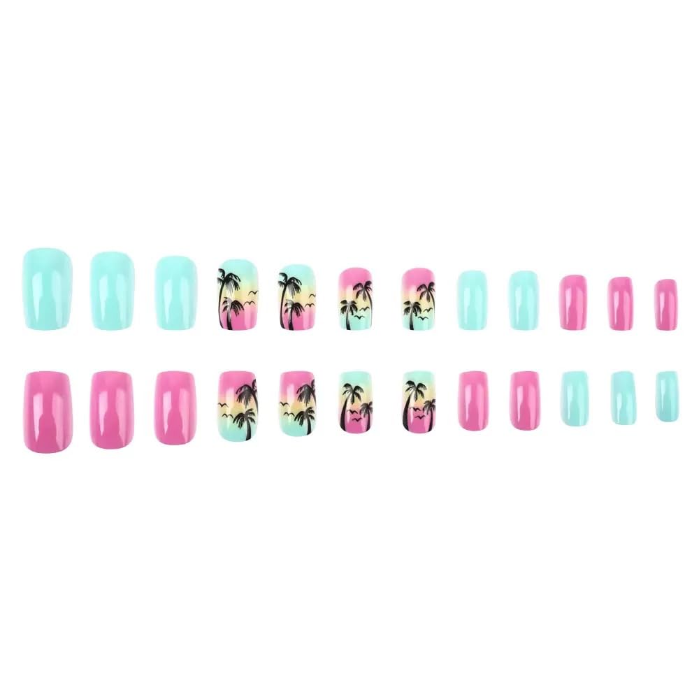 CTTHNBD Press on Nails Short - Square Fake Nails with Coconut Tree Design - Pink Blue False Nails Press ons - for Women Summer Manicure 24 Pcs