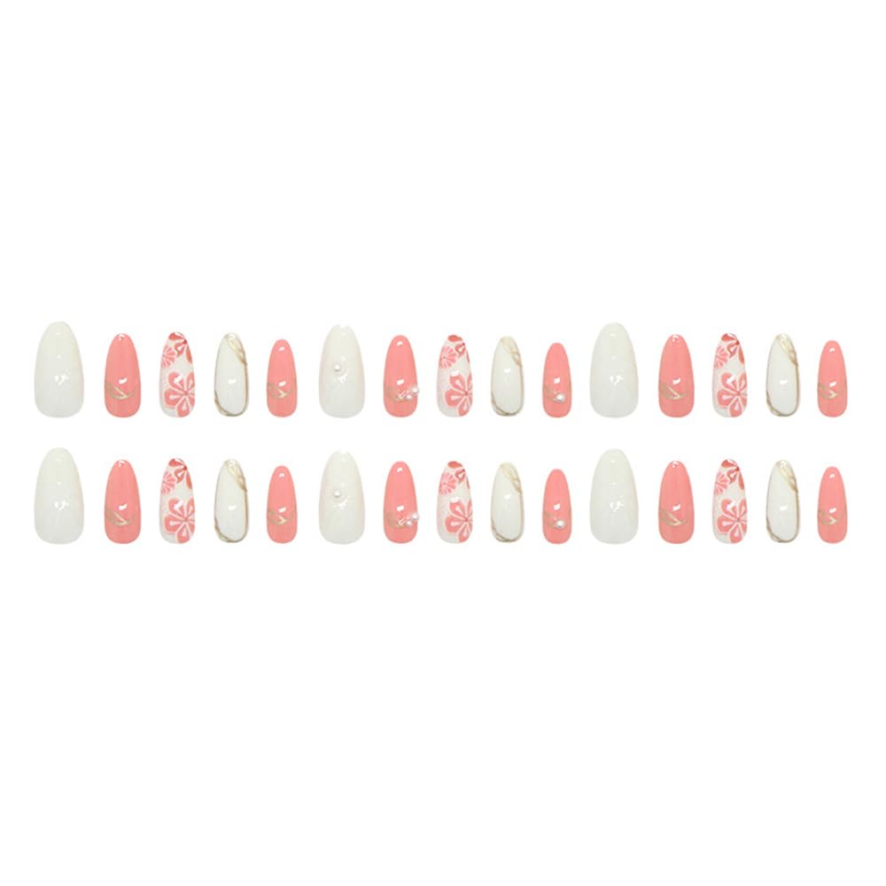 24 Pcs Summer Press on Nails Short Almond,MINGCHUN White Pink Fake Nails Press ons Acrylic Nail Art Tips Kit Full Cover False Nails Glue on Nails with Flowers Gilded Design for Women Nail Supplies