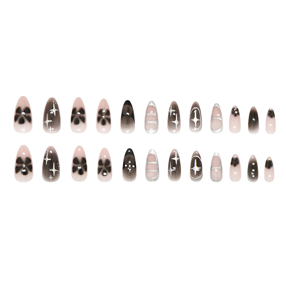 24 Pcs Pink Press on Nails Short Almond,MINGCHUN Black Ombre Fake Nails Press ons Acrylic Nail Art Tips Kit Full Cover False Nails Glue on Nails with Flower Silver Starburst Design for Women