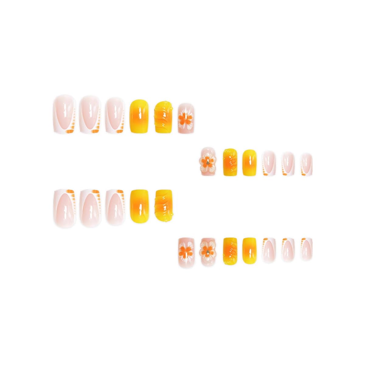 48Pcs Yellow Orange Press on Nails Medium Square Press on Toenails, French Tip Square Fake Nails, Summer Tropical Flower Design False Nails for Women Summer Manicure Kit