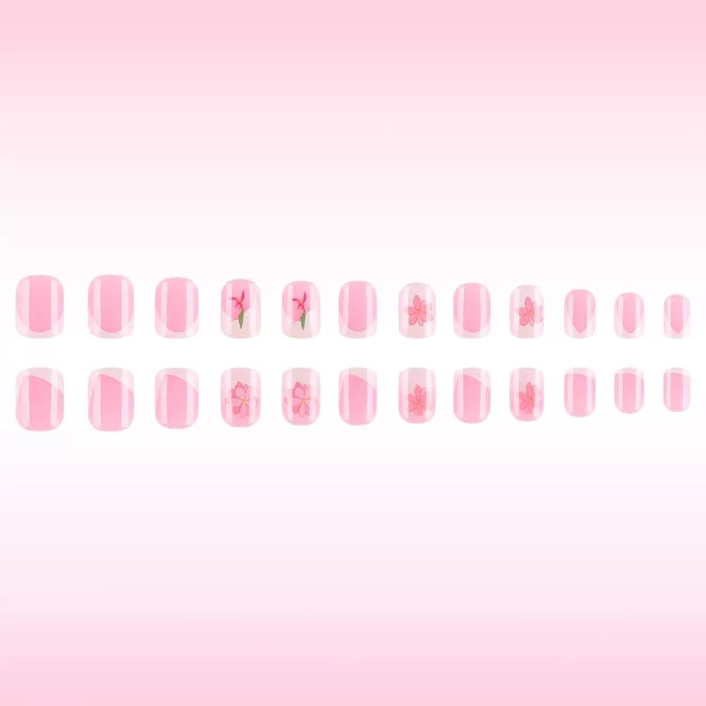 CTTHNBD Press on Nails Square - Short Fake Nails with Pink Flower Design - White French Tip False Nails Press ons - for Women 24 Pcs