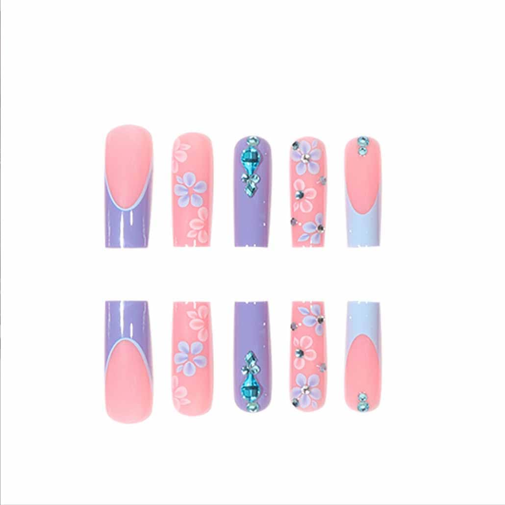 Foccna Long Blue Fake Nails Square French Press on Nails Flower Design Bling Glossy Rhinestone False Nail Tips Artificial Nails Finger Manicure for Women and Girls-24pcs