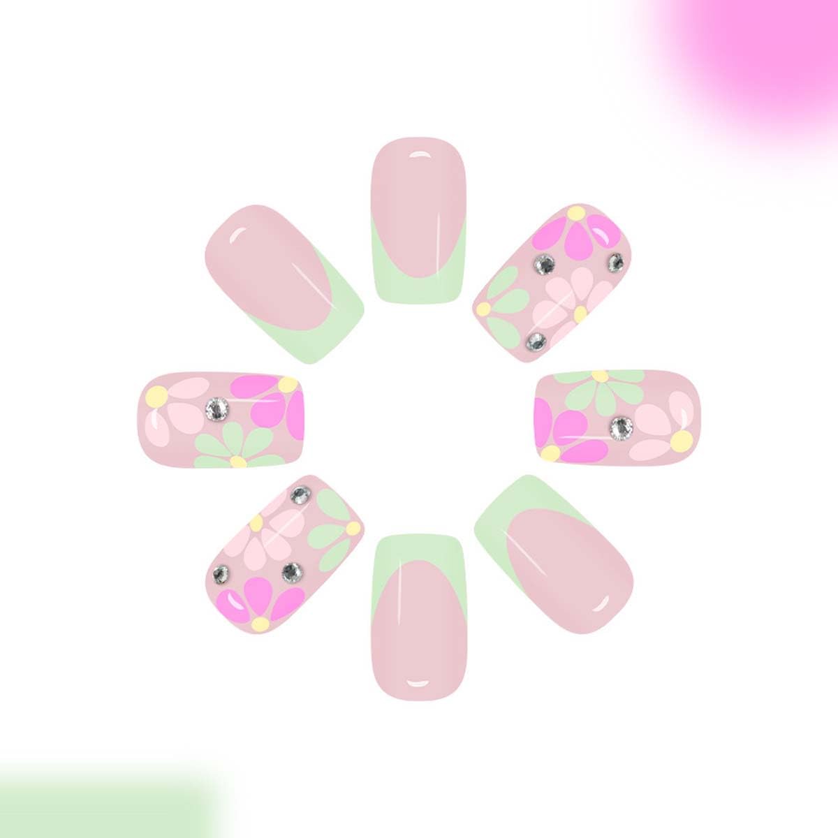 LINMEIZAI Press on Nails Short Square, Pastel Green French Tip Fake Nails Press ons with Pink Petal Designs, Cute Glossy Stick on Nails, Nail Art False Nails, Acrylic Nail Kit for Women Girls, 24 Pcs