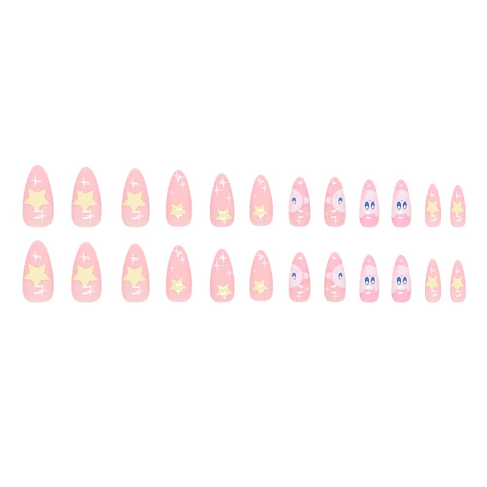 MINGCHUN Pink Press on Nails Medium Almond French Tip Fake Nails Press ons Acrylic Nail Art Kit Full Cover False Nails Glue on Nails with Kawaii Elf Starry Sky Design for Women Nail Supplies 24Pcs
