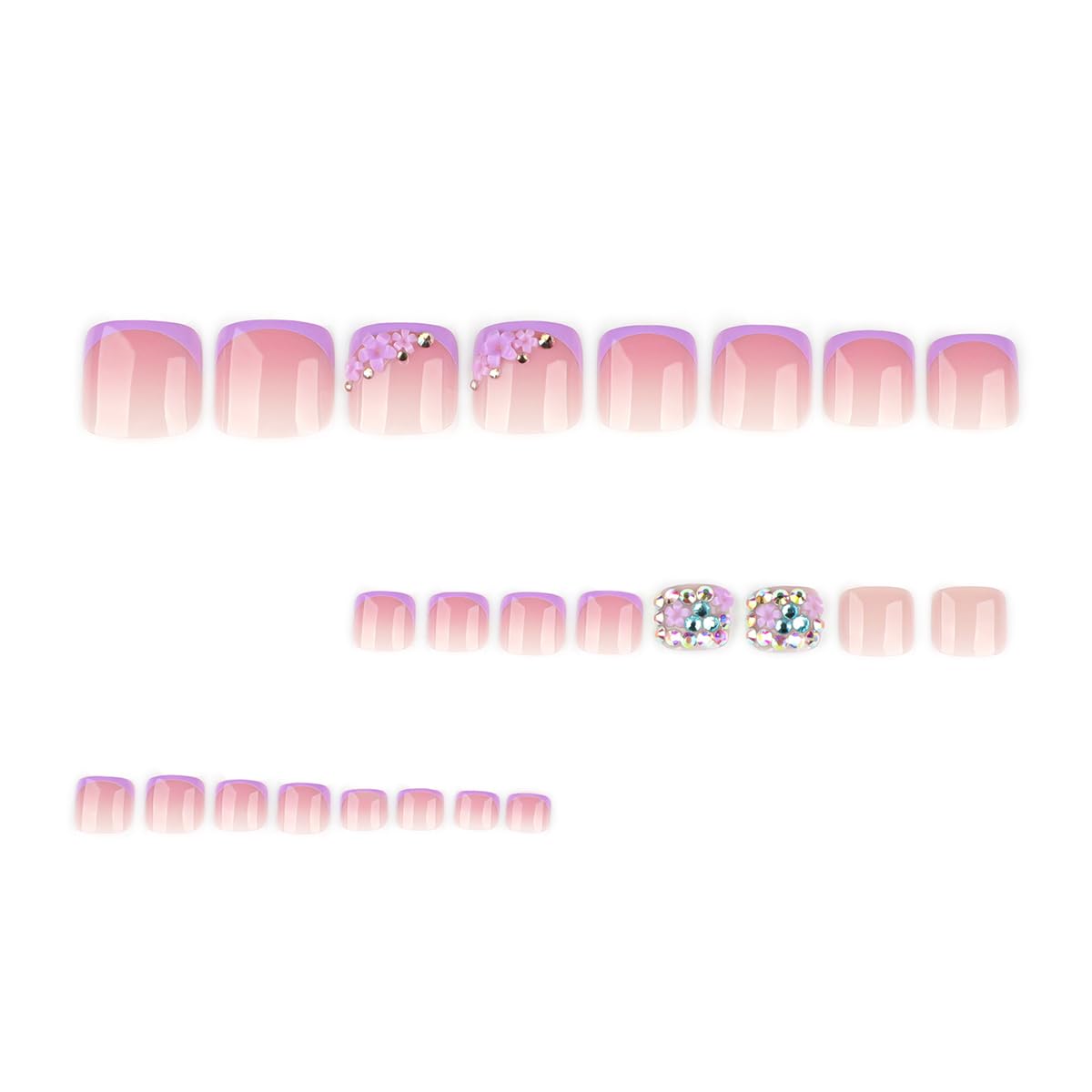 yefiuo Handmade Press on Toenails Purple French Toe Press on Nails Tips Kit Fake Toe Nails Press ons False Toenails Flower Rhinestones Acrylic Glue on Nails Stick on Nail for Women Nail Supplies 24Pcs